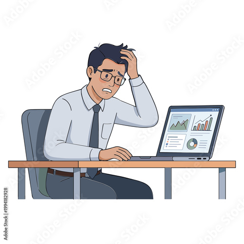 A stressed businessman sits at a desk frustrated with a laptop showing graphs.
