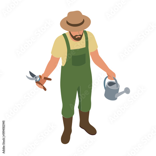 A man in overalls holds gardening tools and a watering can outdoors.