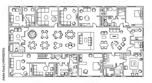 detailed top view architectural floor plan showcasing diverse furniture layouts for modern interior design and residential projects