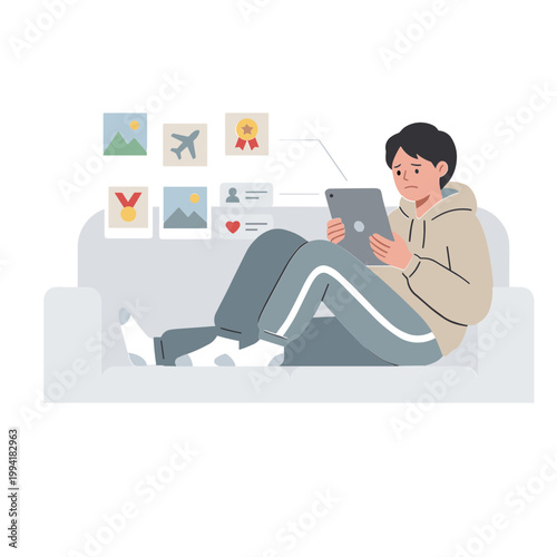 Person sitting on a couch looking at a tablet with images floating above