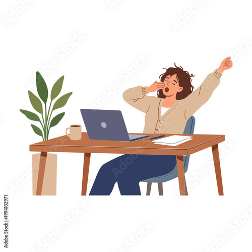 Woman celebrating success at office desk with laptop and plant