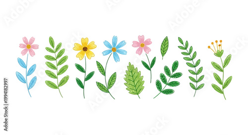 hand-drawn floral border featuring charming whimsical flowers and green leaves a colorful spring illustration for creative designs on white