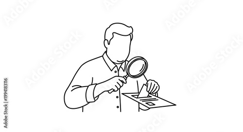 Man Examining Document with Magnifying Glass for Detailed Analysis.