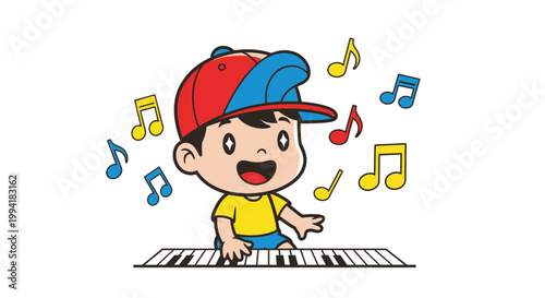 Boy Playing Piano Keyboard with Music.