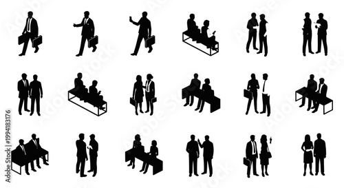 isometric black silhouette business people in various situations office meeting and teamwork