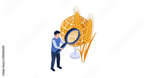 Man examining golden wheat with magnifying glass in illustration.