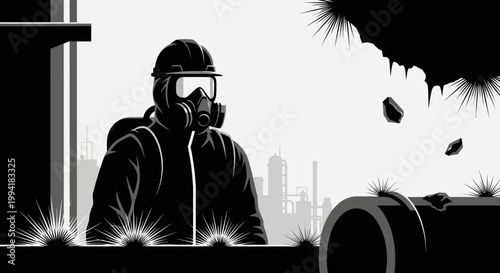industrial worker in gas mask and protective suit surveys a hazardous polluted industrial site with falling debris illustrating environmental disaster.
