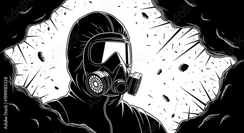 person in a hazmat suit and gas mask with protective gear facing a debris-filled crisis illustrating environmental disaster.