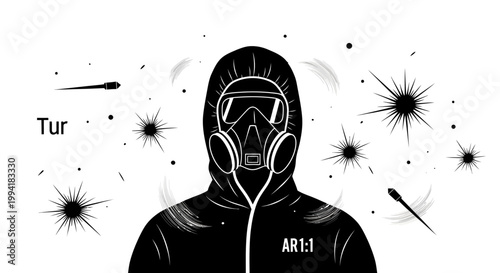 a person in a hazmat suit wearing a gas mask and protective gear facing danger and abstract threats symbolizing crisis management and survival.
