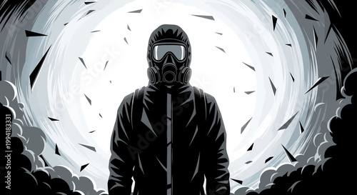 hazmat suit and gas mask on a person in protective gear within an apocalyptic chaotic environment symbolizing survival.