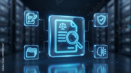futuristic legal technology concept featuring digital compliance audit document with scale and magnifying glass icons in a secure server room environment