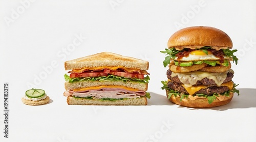 Gourmet sandwich and towering burger with fresh vegetables on white background  