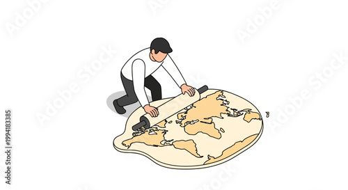 Man flattening world map with a rolling pin, global concept.