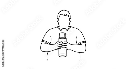 Man Holding a Thermos - A Simple Line Drawing Illustration.