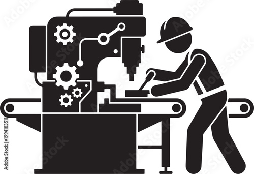 A worker in a hard hat operates a large industrial machine with gears.