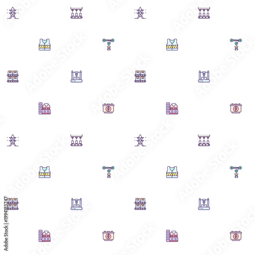 Seamless pattern factory and production Pictograms icon on white background. Included icons such as industry, manufacturing, product, packaging, assembly, machine, warehouse and other elements.