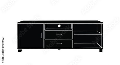 A black silhouette of a modern tv stand with drawers cabinets and open shelving high quality professional detailed