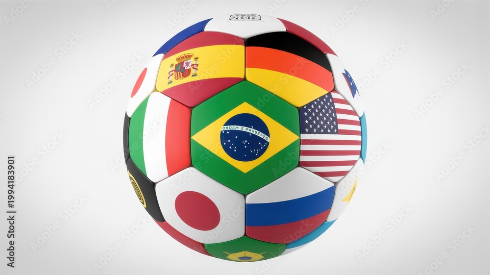 Obraz premium Soccer ball featuring various national flags on its panels isolated on white background