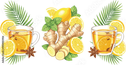 Ginger Lemon Tea Illustration with Fresh Citrus, Mint Leaves, and Herbal Ingredients for Healthy Drink Design, Wellness Concepts, and Natural Beverage Graphics