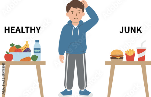 A man choosing between healthy and junk food on two tables