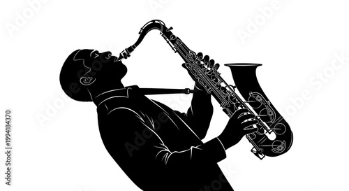 Man playing a saxophone in silhouette.