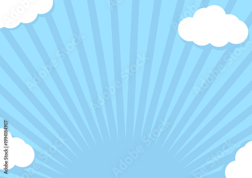 水色の集中線の背景フレーム、雲のデコレーション