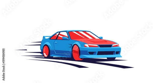 Drifting Sports Car, Blue and Red, Motion Blur, Vector Art