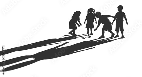 Children's shadows playing marbles on white background, silhouette, summer fun, childhood