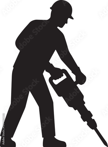 A worker in a hard hat operates a jackhammer on a construction site outdoors.