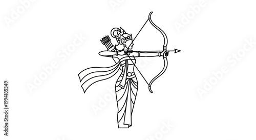 Archer Woman Silhouette with Bow and Arrow, Ancient Warrior Line Art