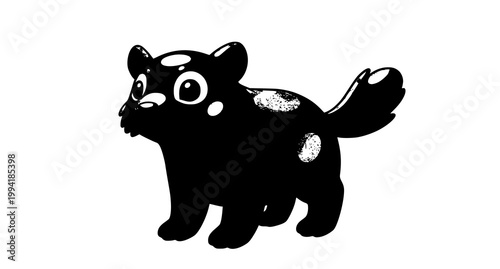 Charming black and white illustration of a playful kitten with spotted markings and a fluffy tail