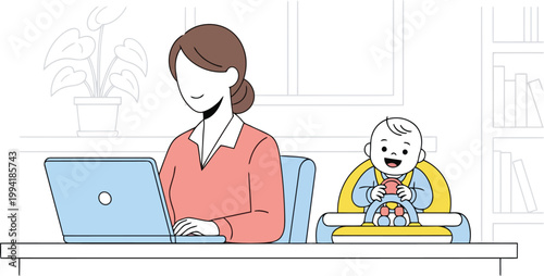 Mother Working on Laptop at Desk with Baby Playing in Walker at Home Office