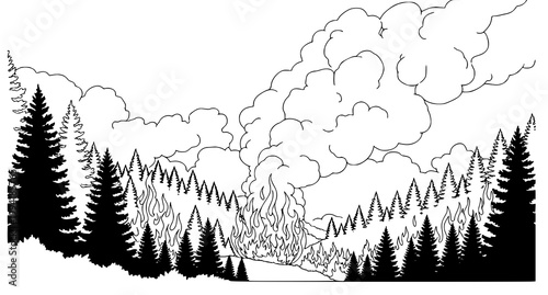 Dramatic black and white illustration of a forest fire engulfing trees under a cloudy sky