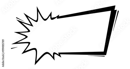 A striking black and white comic book speech bubble with jagged edges radiating energy and impact