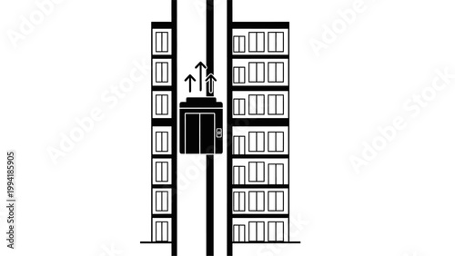 Elevator moving up in a building, lift between two apartment blocks vector.