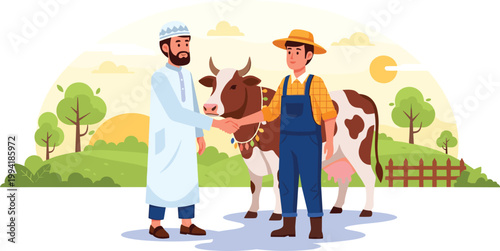 Farmers Shaking Hands with a Cow in a Rural Landscape for Agricultural, Livestock Trade, and Farming Design