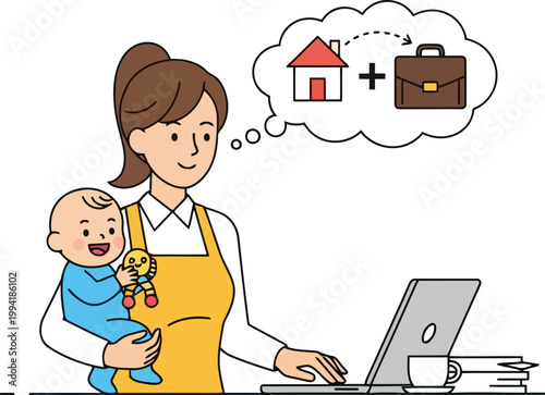 Working Mother Holding Baby while Freelancing on Laptop at Home, Work Life Balance Concept Vector Illustration