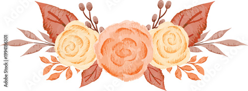 Autumnal Floral Arrangement with Delicate Peaches and Yellow Roses Adorned with Rustic Fall Leaves and Twigs