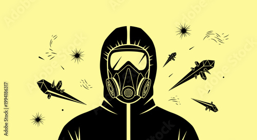 person in a hazmat suit and respirator mask wearing protective gear surrounded by biological hazard elements for health crisis prevention.