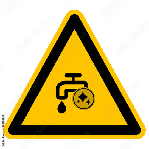 Warning sign with a tap icon and sparkles symbol representing clean water, artificial intelligence, purity, or technological integration in a triangular yellow frame
