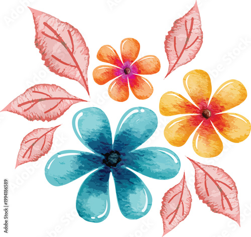 Vibrant Watercolor Floral Arrangement with Colorful Blossoms and Delicate Leaves, Perfect for Spring Designs and Natural Decorative Accents