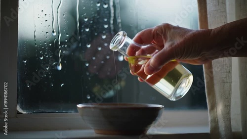 Hand pouring oil from a glass bottle into a bowl on a windowsill with raindrops