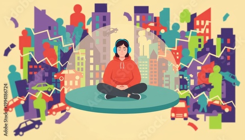 Modern flat illustration of a woman meditating with headphones inside a protective bubble, finding inner peace amidst chaotic city noise and traffic.