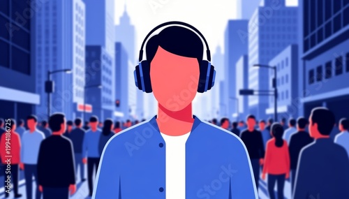 Modern flat illustration of a man wearing headphones standing in a crowded city street, concept of listening to music, isolation in a crowd, and urban lifestyle.