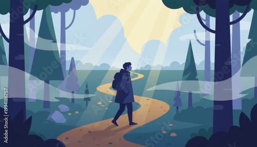 a man with a backpack hiking on a winding path through a misty forest with sunbeams, concept of journey, exploration, and new life direction.