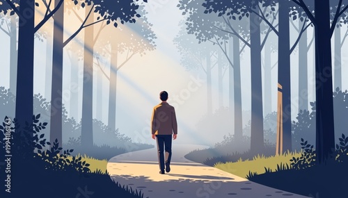 Modern flat illustration of a man walking alone on a path through a foggy forest with beautiful sunbeams, concept of hope, new beginnings, and mindfulness.