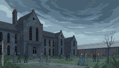 people in uniform walking in front of an old gloomy prison building under a dark stormy sky, concept of captivity and historical facility.
