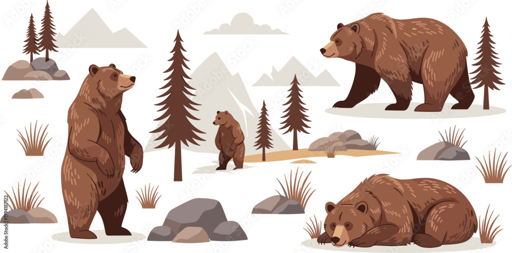 Fototapeta premium Illustration of Bears in Different Poses in a Mountain Landscape for Wildlife, Nature, and Outdoor Design