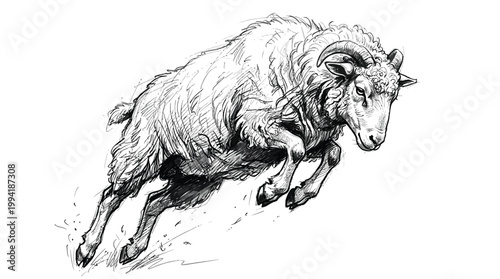 Detailed sketch of a ram leaping with powerful motion.