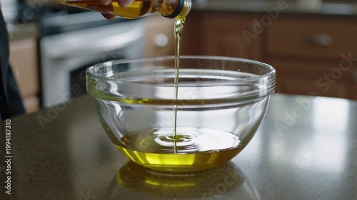 Olive oil being poured into a clear glass bowl on a kitchen counter